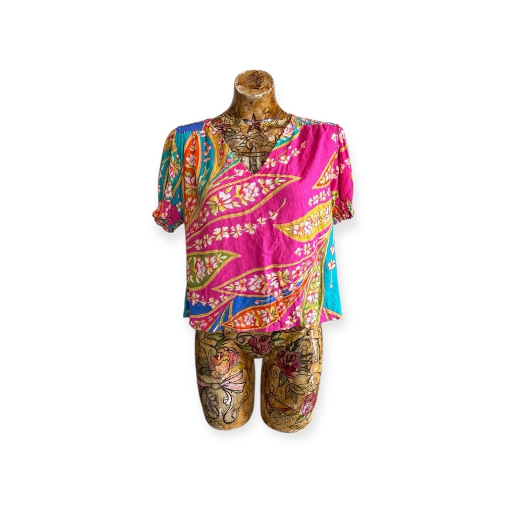 Haute Hippie Pink Multi Floral V-Neck Short Sleeve Top